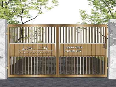 Wooden Gate With Vertical Slats And Stone Pillars For Yunjing Shangcheng Dong Yuan Future City 3d model