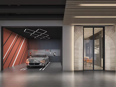 Luxury Parking Garage Featuring Maserati Red Striped Walls Black Ceiling Square Lights And Glass Doors 3d model
