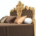 Luxurious Double Bed with Ornate Gold Carved Headboard and Brown Bedding Pillows