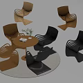 Curved Design Brown Black Negotiation Table and Chairs with Round Tabletop and Potted Plant