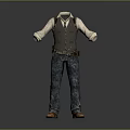 Gray Vest Over White Long Sleeve Shirt With Blue Camouflage Pants Brown Belt And Shoes