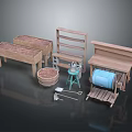 Wooden Multi Functional Table With Shelf Basket Barrel And Hand Tools 3d model