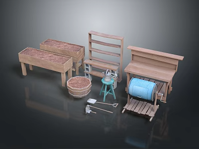 Wooden Multi Functional Table With Shelf Basket Barrel And Hand Tools 3d model