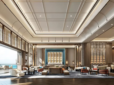 Modern Luxury Hotel Lobby Interior With Spacious Design Wooden Decor Comfortable Seating And Seaview Windows 3d model