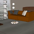 Double Sofa Leather Sofa Casual Sofa Fabric Pillow Blanket Bookshelf Wall Lamp Side Table 3d model