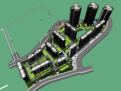 Modern Residential Community Design With High Rise Buildings Green Areas And Road Layout 3d model