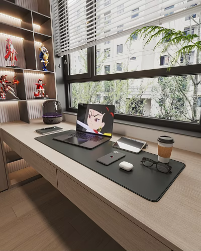 Modern Laptop On Desk With Tablet Smartphone Mouse Coffee Cup And Scenic Window View 3d model