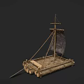 Wooden Boat with Log Bundled Construction Simple Sail and Paddle Handcrafted Design