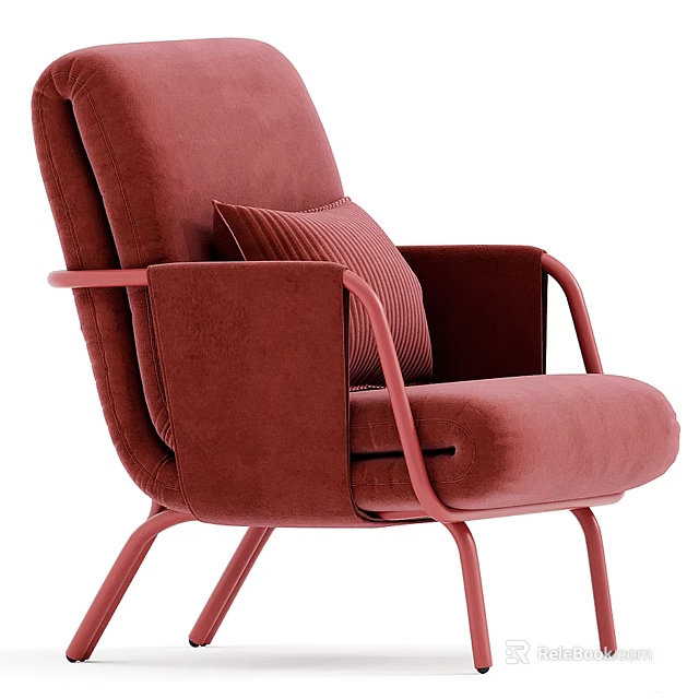 Red Velvet Single Sofa With Metal Frame And Stylish Accent Pillow 3d model 