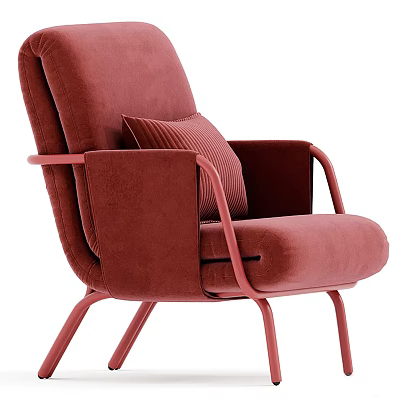 Red Velvet Single Sofa With Metal Frame And Stylish Accent Pillow 3d model