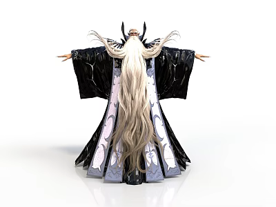 Man In Black Robe With Long White Hair And Horns Standing With Arms Outstretched 3d model