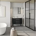 Modern Bathroom Interior With White Bathtub Black Vanity Marble Countertop And Glass Partition