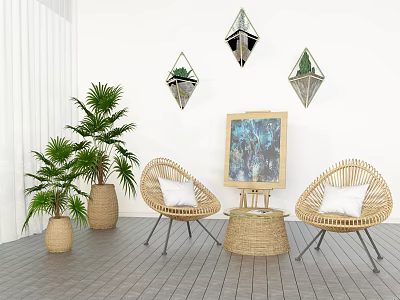 Wicker Chair And Small Table Set With Potted Plants Painting And Diamond Wall Decor 3d model