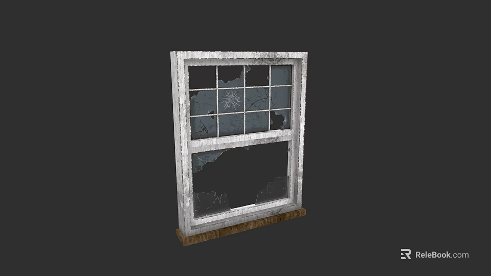 Old Broken Window With Cracked Glass And Weathered Peeling Frame 3d model