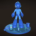 Game Character Blue Robot Figure Standing On Circular Base With E Block And Light Orb 3d model