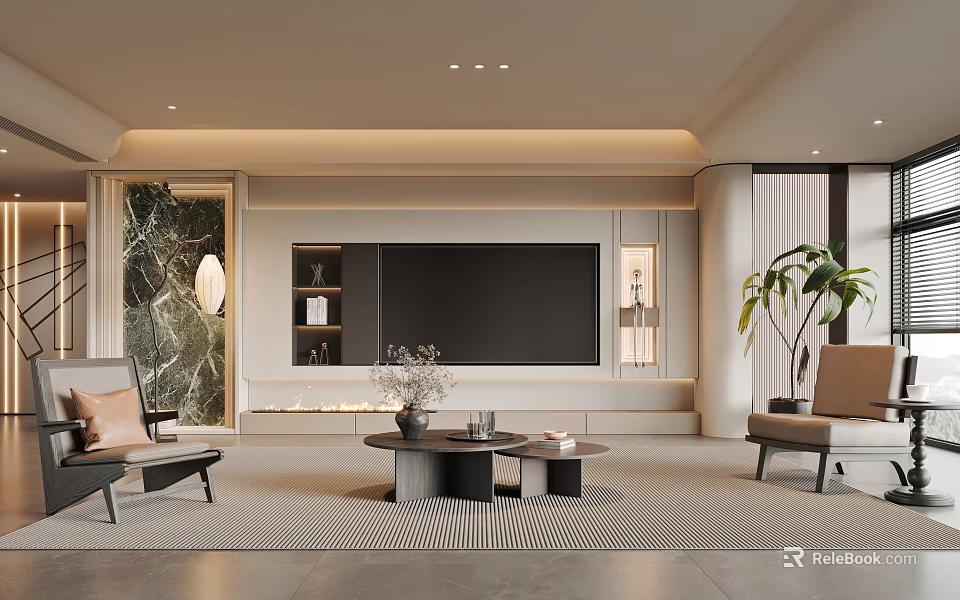 Elegant Modern Living Room Interior With Built In TV Wall Warm Lighting And Comfortable Chairs 3d model 