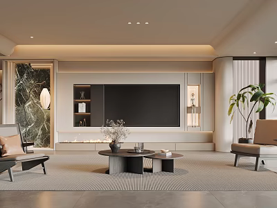 Elegant Modern Living Room Interior With Built In TV Wall Warm Lighting And Comfortable Chairs 3d model