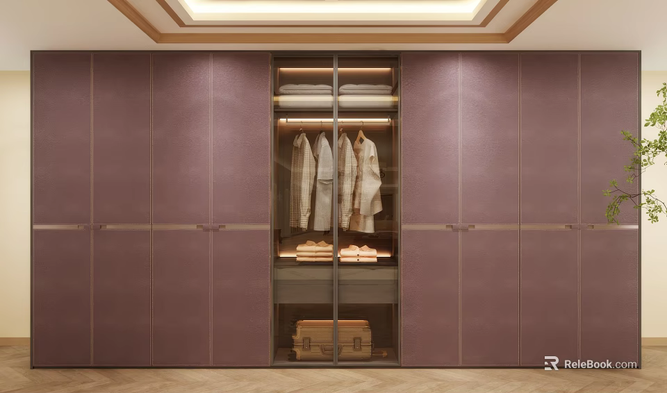 Elegant Modern Lavender Wardrobe With Leather Panels Sliding Doors And Built-in Lighting 3d model 