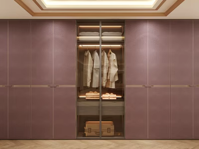 Elegant Modern Lavender Wardrobe With Leather Panels Sliding Doors And Built-in Lighting 3d model
