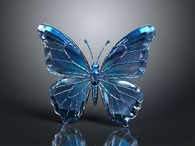 Blue Crystal Butterfly With Transparent Shiny Wings And Reflection On Dark Background 3d model