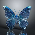 Blue Crystal Butterfly With Transparent Shiny Wings And Reflection On Dark Background