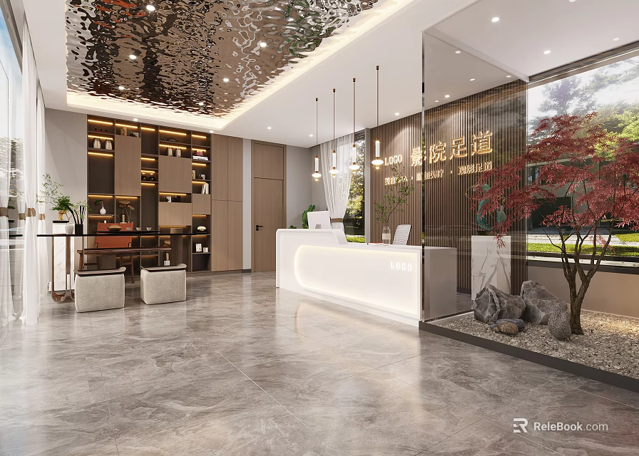 Elegant Modern Lobby Area With White Reception Desk Mirrored Ceiling Pendant Lights And Marble Flooring 3d model 