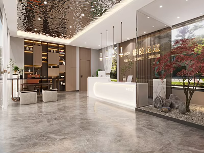Elegant Modern Lobby Area With White Reception Desk Mirrored Ceiling Pendant Lights And Marble Flooring 3d model