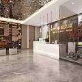 Elegant Modern Lobby Area With White Reception Desk Mirrored Ceiling Pendant Lights And Marble Flooring