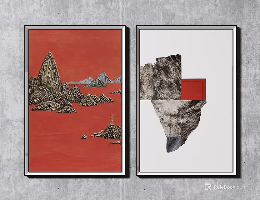 Traditional And Abstract Wall Paintings With Red Background And Mountain Elements 3d model