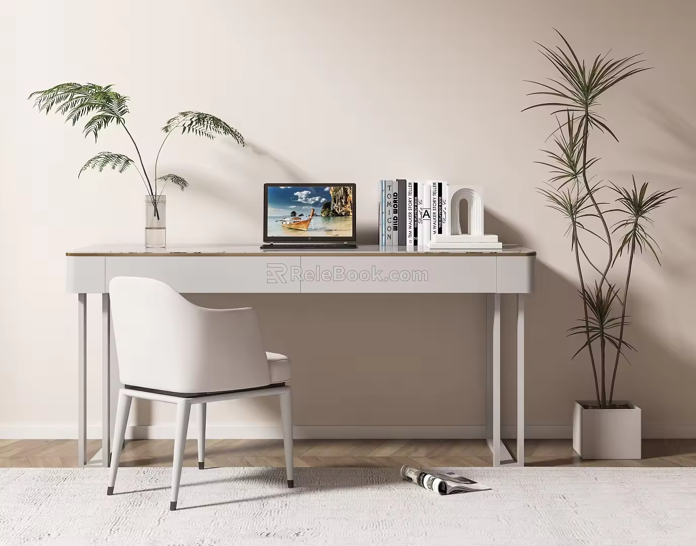 Modern Desk and Chair Cream Rock Board Desk Home Computer Desk Minimalist Writing Desk Rock Board Desk 3d model