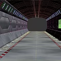 Cartoon Scene Futuristic Tunnel With Metallic Walls Yellow Lines Red White Striped Floor Blue Lights