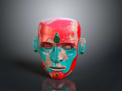 Traditional Animal Mask With Red Blue Paint And Green Gemstone Accents 3d model
