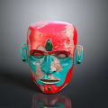 Traditional Animal Mask With Red Blue Paint And Green Gemstone Accents