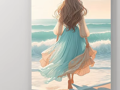 Woman Portrait Long Flowing Hair in Light Blue Dress on Beach with Sunlit Ocean Waves 3d model