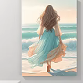 Woman Portrait Long Flowing Hair in Light Blue Dress on Beach with Sunlit Ocean Waves