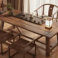 Traditional Solid Wood Tea Table and Chairs with Tea Set Lantern and Potted Plant