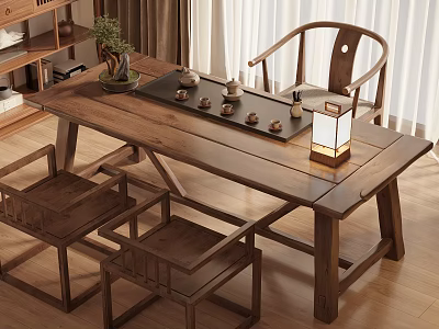 Traditional Solid Wood Tea Table and Chairs with Tea Set Lantern and Potted Plant 3d model