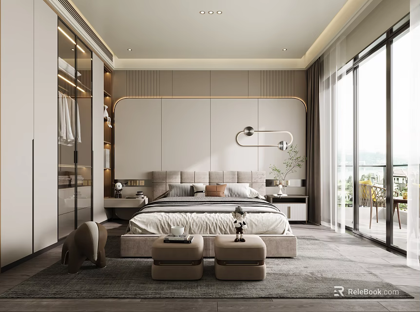 Modern Bedroom Interior Design With King Size Bed Nightstands And Floor To Ceiling Windows 3d model 