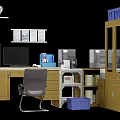 Wooden Office Desk With Computer Keyboard Chair Blue Storage Baskets Printers Cabinets And Desk Lamp