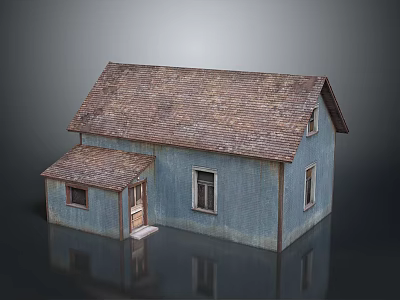 Detailed Small House Model with Blue Walls Brown Roof Porch Windows and Reflective Surface 3d model