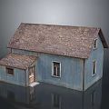 Detailed Small House Model with Blue Walls Brown Roof Porch Windows and Reflective Surface
