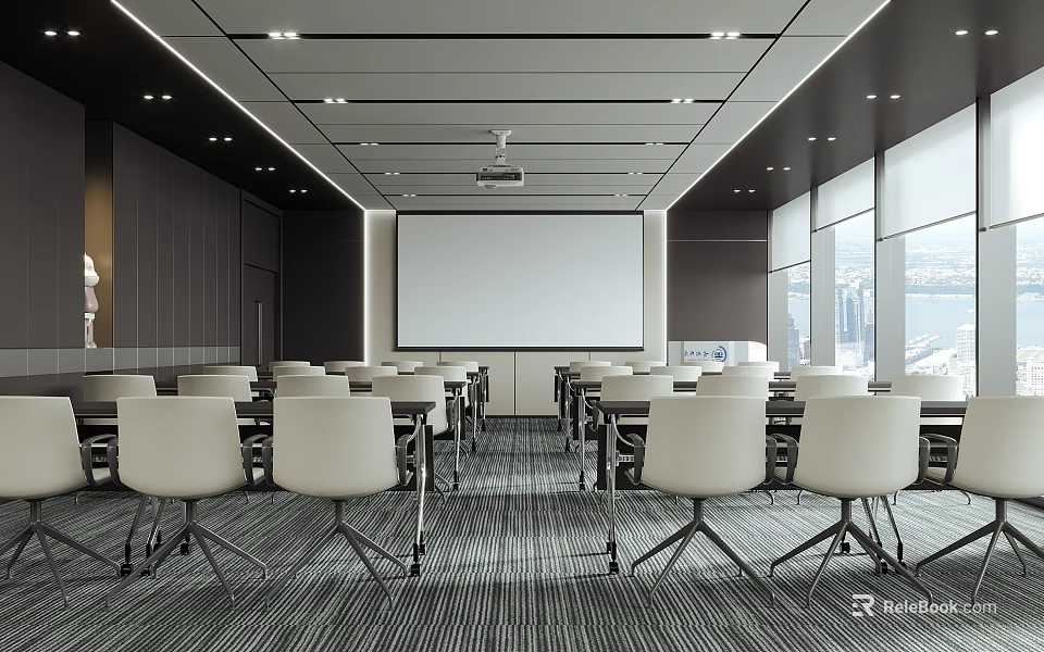 Modern Conference Room Interior With Projector Screen White Chairs And Large Windows 3d model