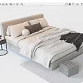 Double Bed with Light Colored Sheets Pillows Dark Blanket and Side Table Vase on Rug 3d model