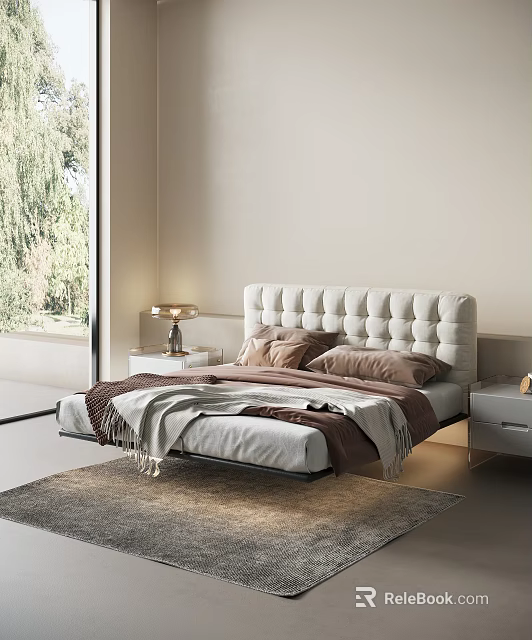 Double Bed With White Tufted Headboard Brown Beige Pillows Throw Blanket Nightstand Lamp Large Window Modern Bedroom 3d model 