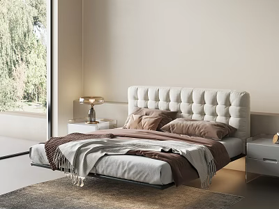 Double Bed With White Tufted Headboard Brown Beige Pillows Throw Blanket Nightstand Lamp Large Window Modern Bedroom 3d model