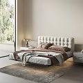 Double Bed With White Tufted Headboard Brown Beige Pillows Throw Blanket Nightstand Lamp Large Window Modern Bedroom