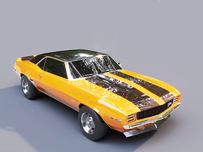 Yellow Classic Muscle Car With Black Stripes And Shiny Exterior Details 3d model