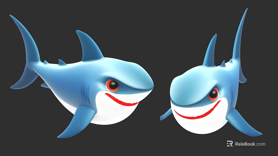 Two Cute Blue Cartoon Sharks With Smiling Faces And Red Eyes 3d model 