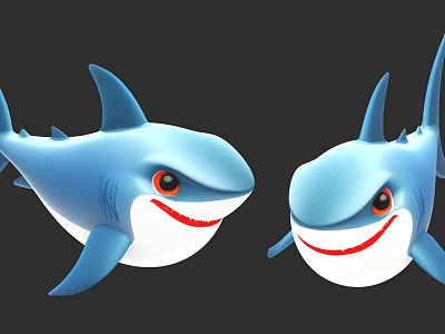 Two Cute Blue Cartoon Sharks With Smiling Faces And Red Eyes 3d model