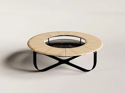 Modern Round Coffee Table With Wooden Top And Glass Inset Black Cross Legs Design 3d model